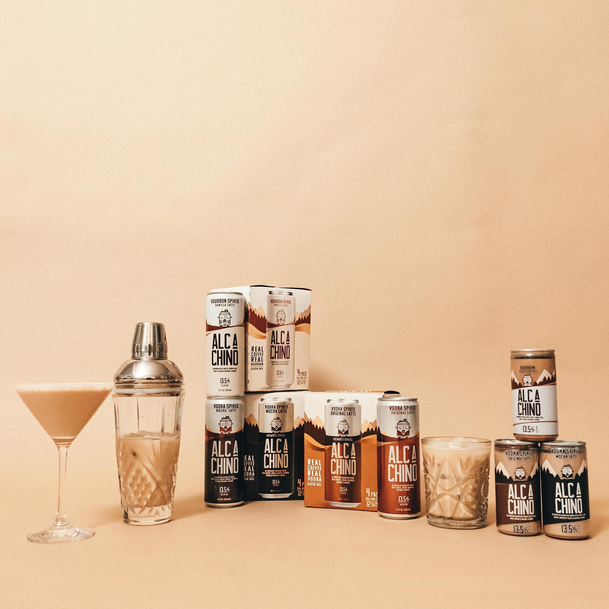The AlcaChino product family with a cocktail shaker and an espresso martini