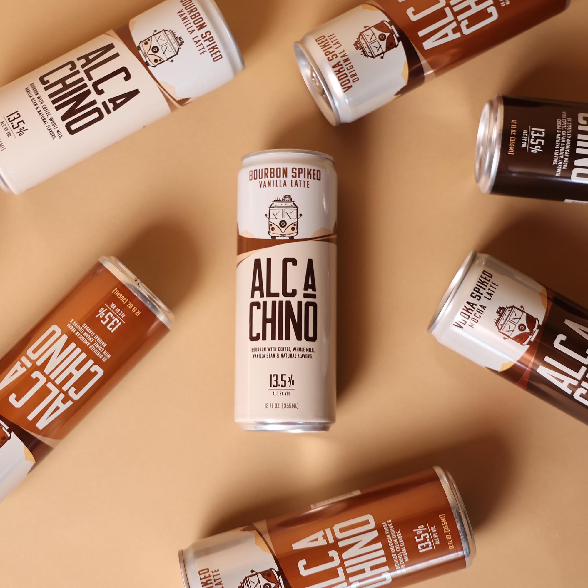 Three AlcaChino flavors scattered on a tan backdrop