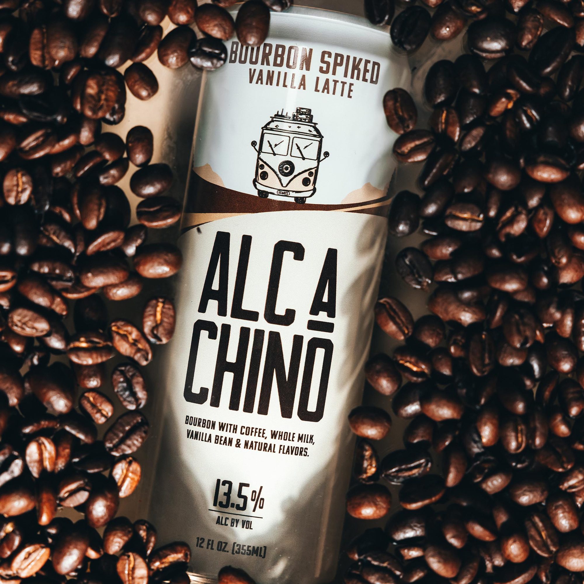 Bourbon Spiked Vanilla Latte can in coffee beans