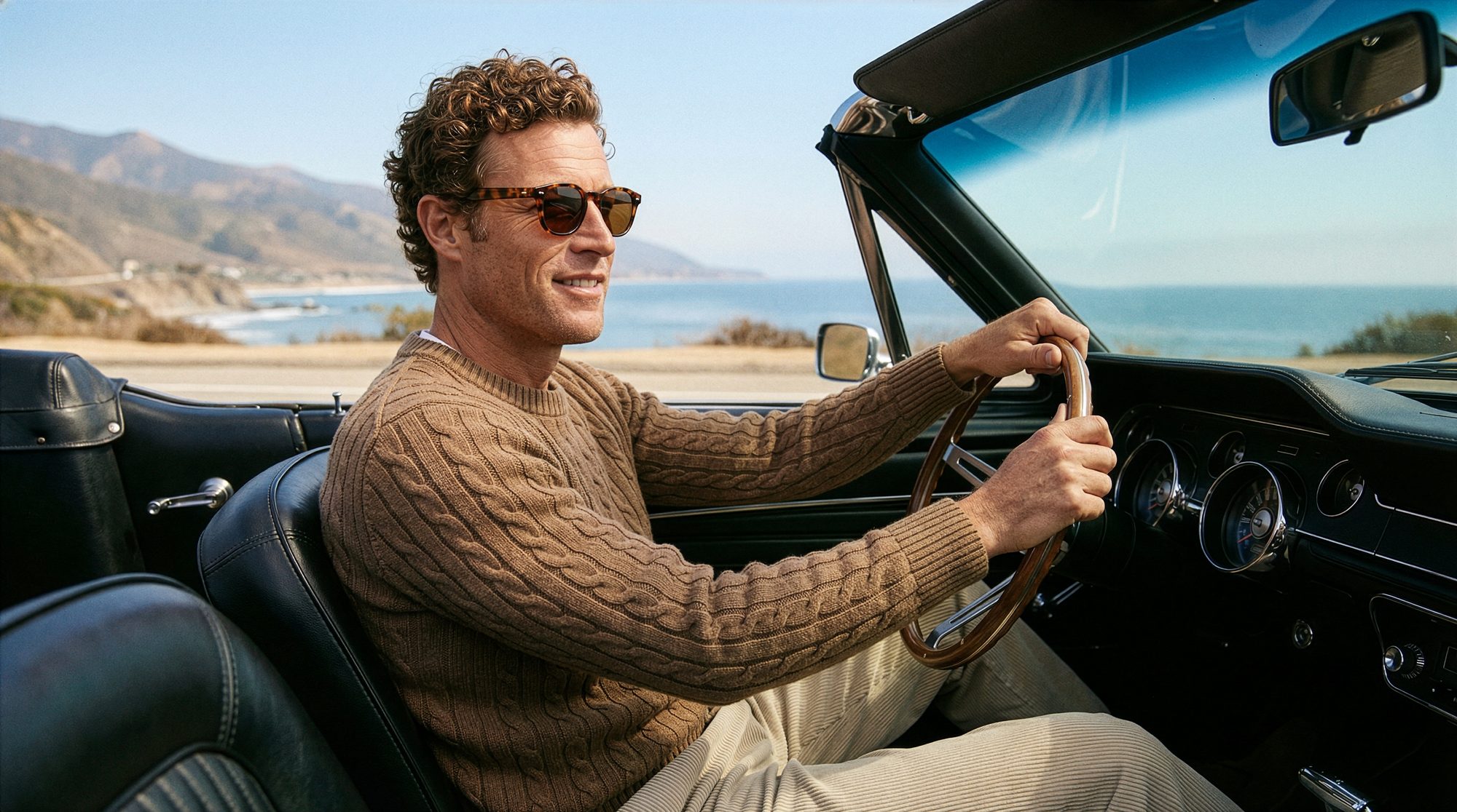 Point-of-view shot driving a classic convertible on the coast