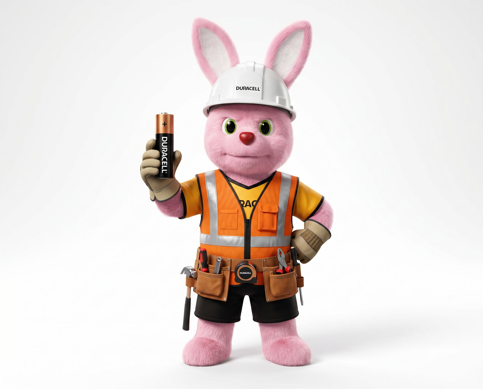 Bunny in hard hat and hi-vis holding a battery