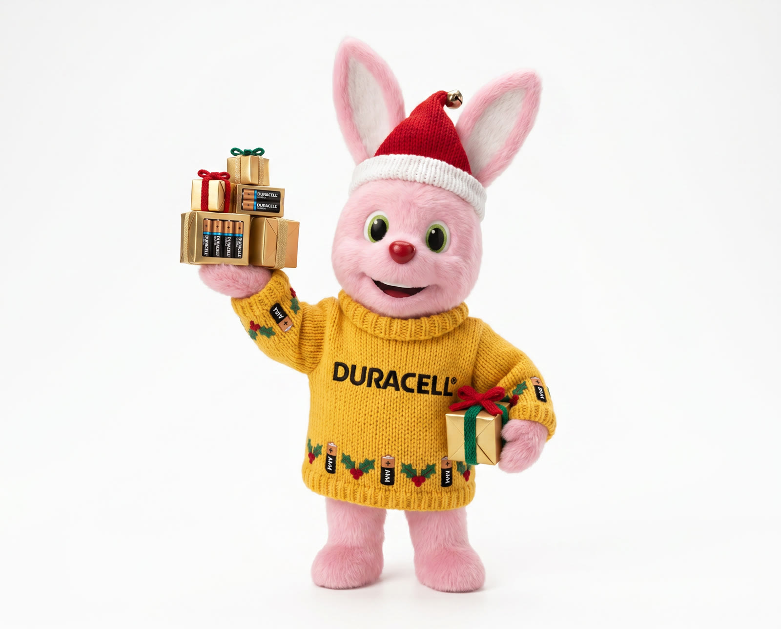 Bunny in a holiday sweater with gifts