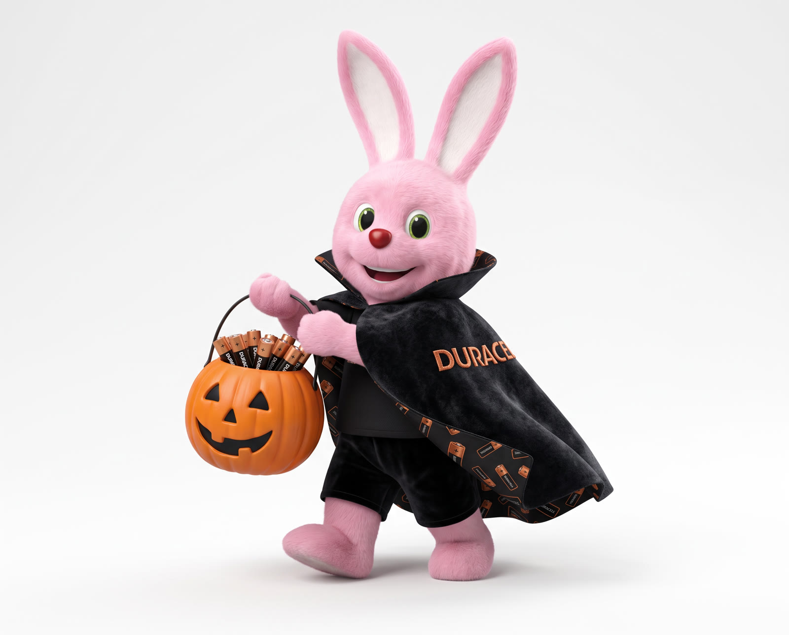 Bunny in a Halloween cape with a pumpkin bucket