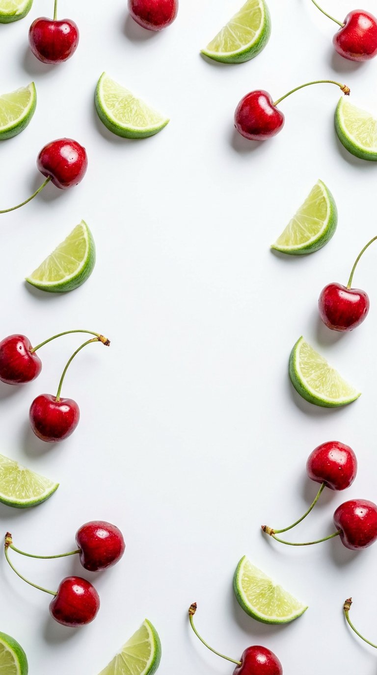 Flat lay of cherries and lime wedges