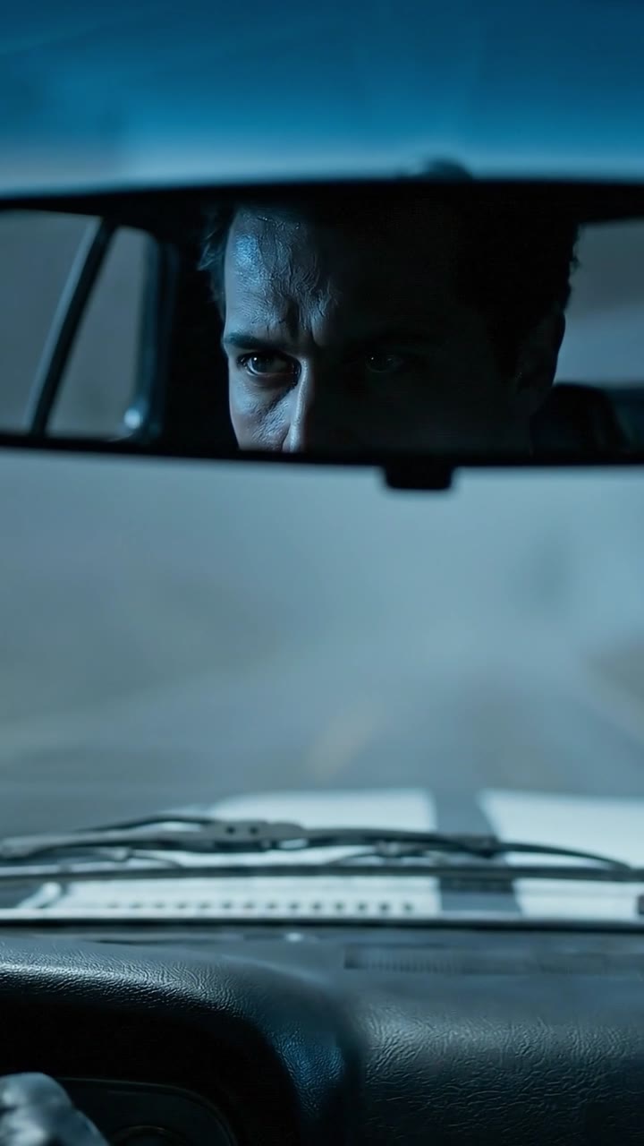 Driver seen in the rear-view mirror