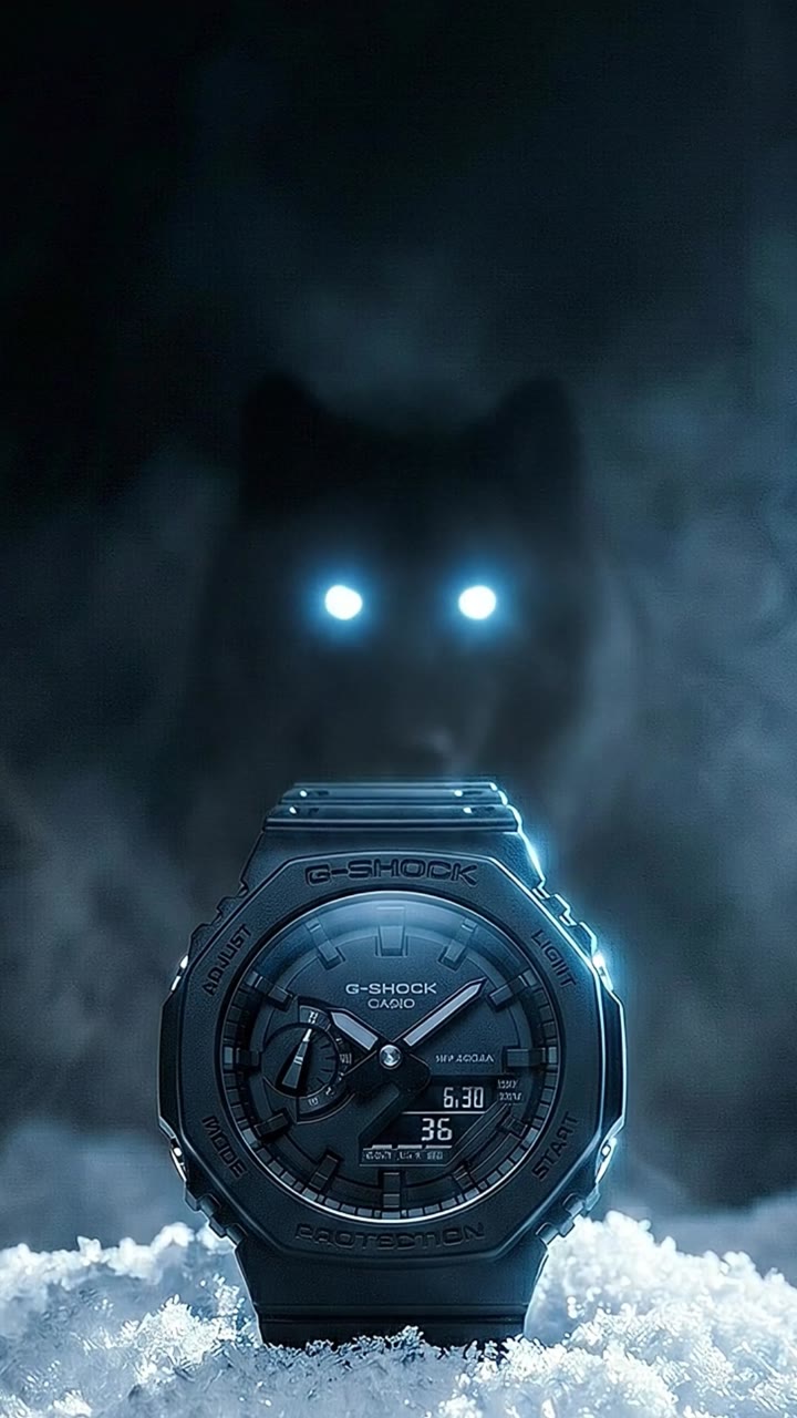 G-Shock in snow, eyes glowing behind it