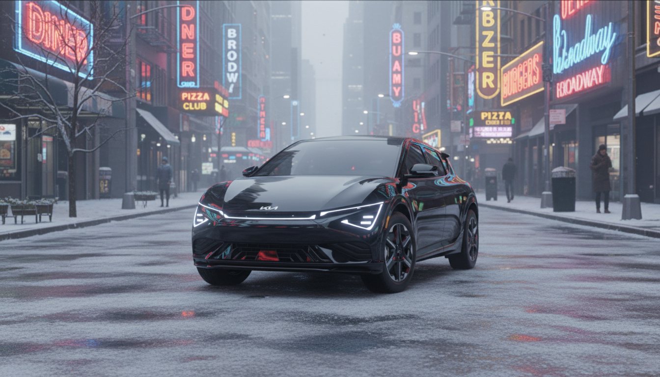 EV6 on a grey, wet street