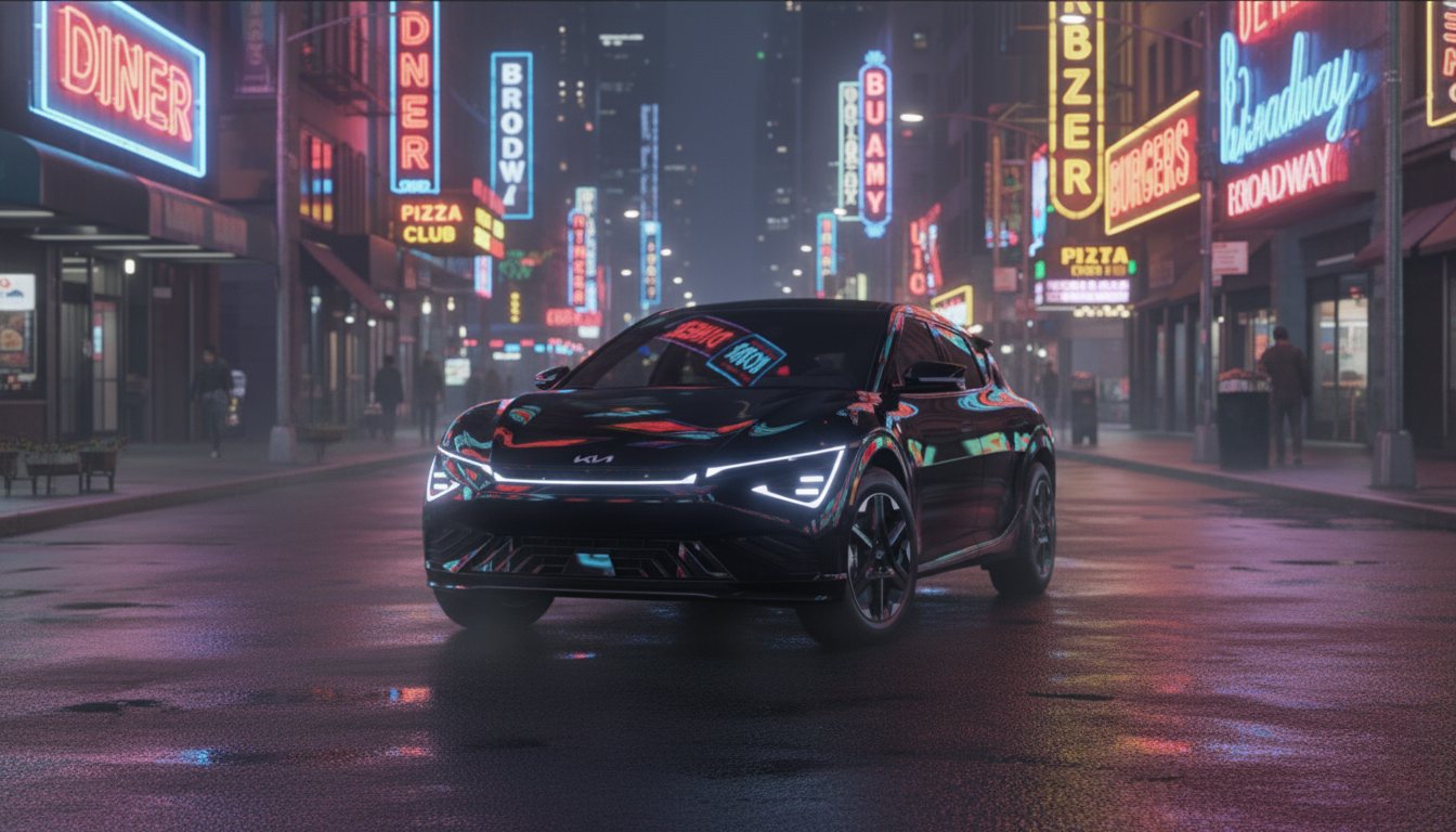 EV6 on a neon-lit street at night