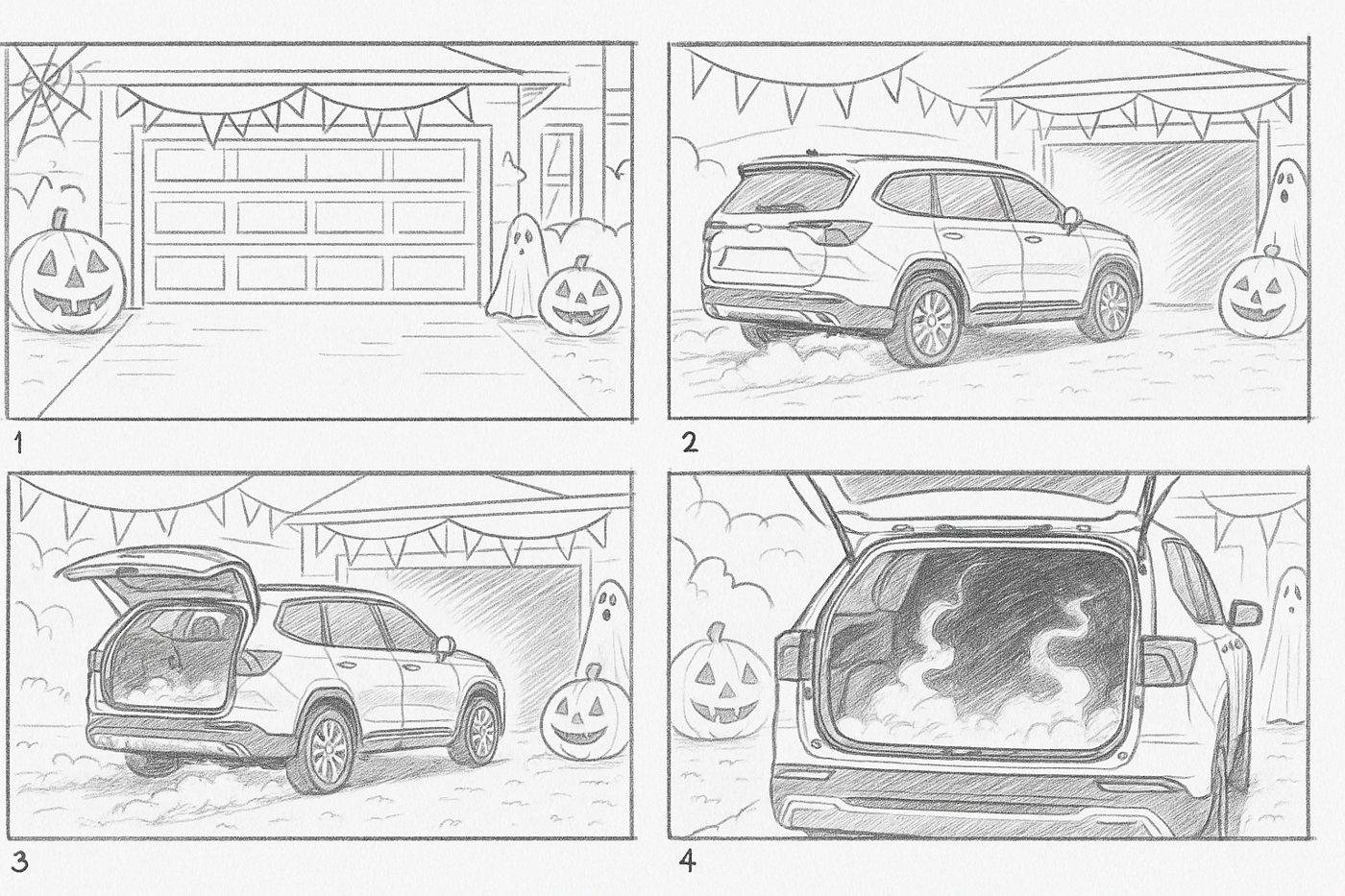 Storyboard: garage opens, the Kia reverses out in fog