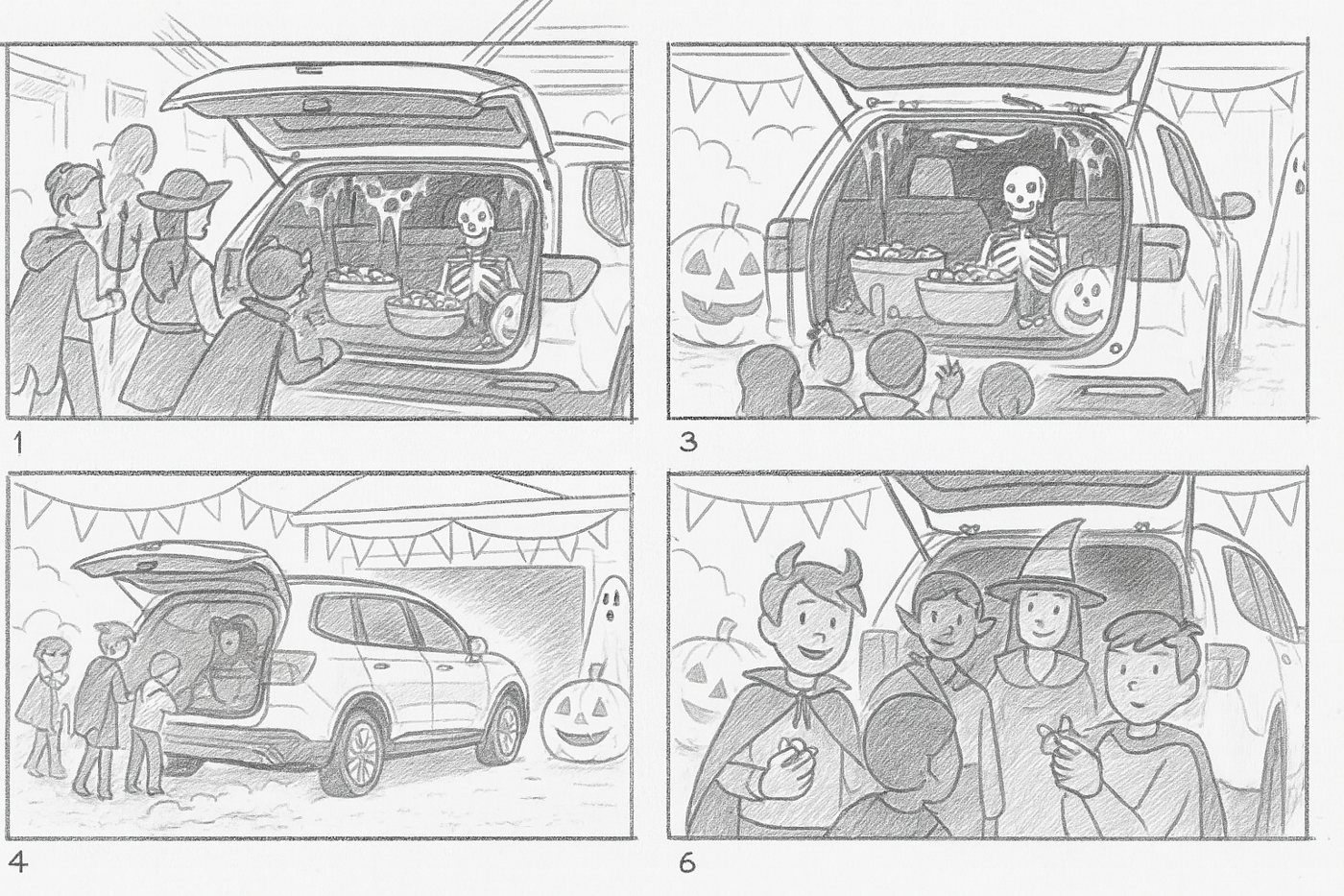 Storyboard: trunk-or-treat station with a skeleton driver