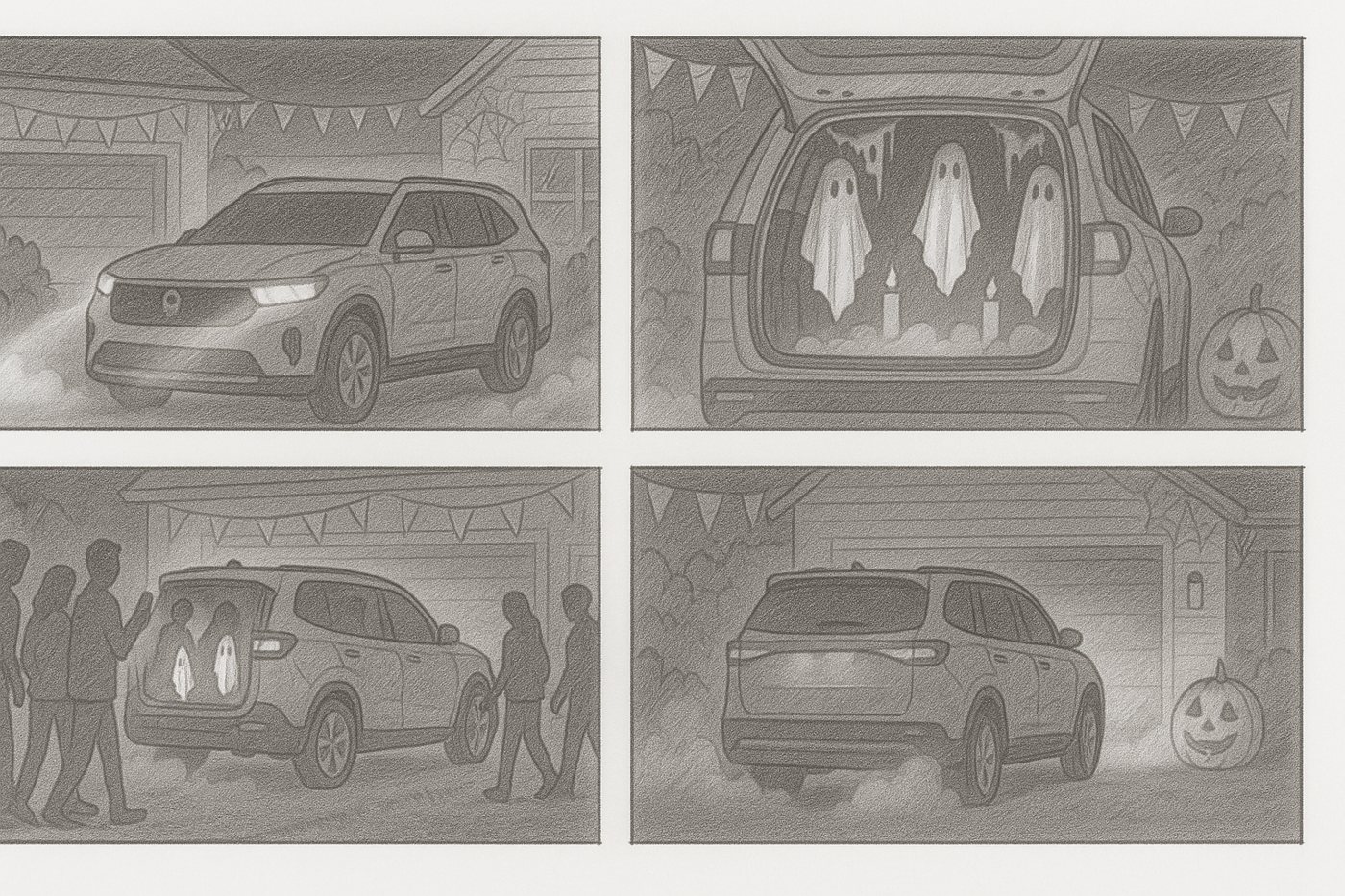 Storyboard: ghost sheets swaying inside the cabin