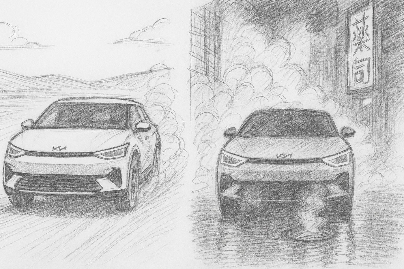 Pencil sketch: EV6 in the desert and in a neon alley