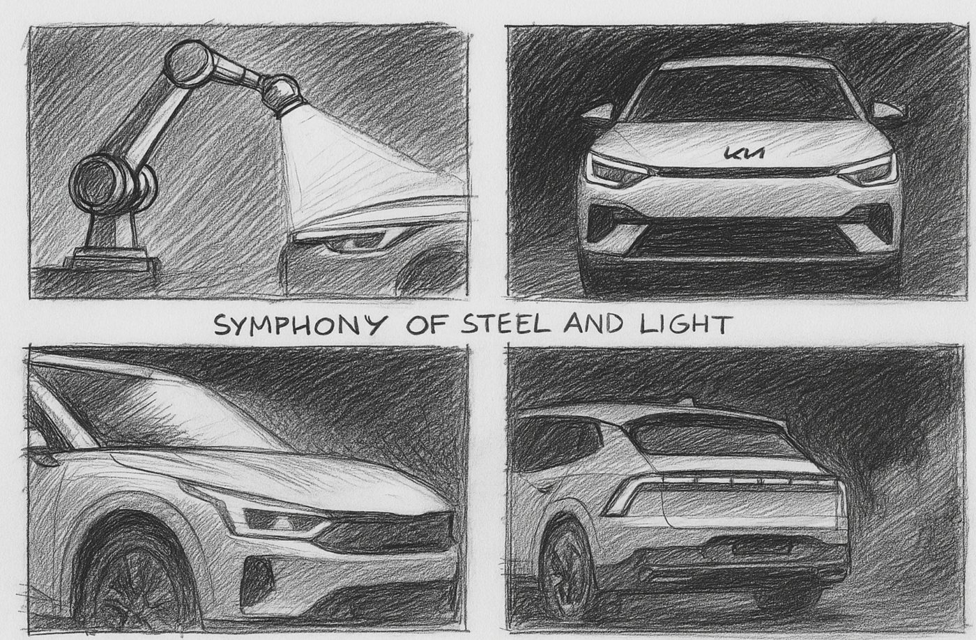 Pencil sketch: robotic arm spotlighting the car