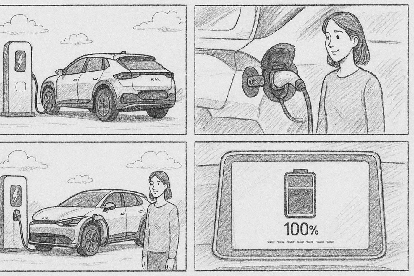 Pencil sketch: charging, plug-in, 100% battery