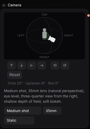 Camera block with orbit control, shot size and lens