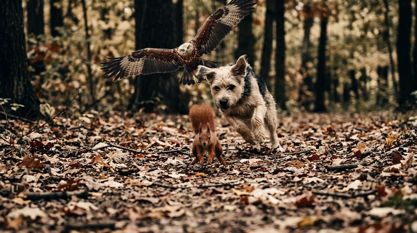 An eagle, a terrier and a red squirrel in an autumn forest, composed in Loom