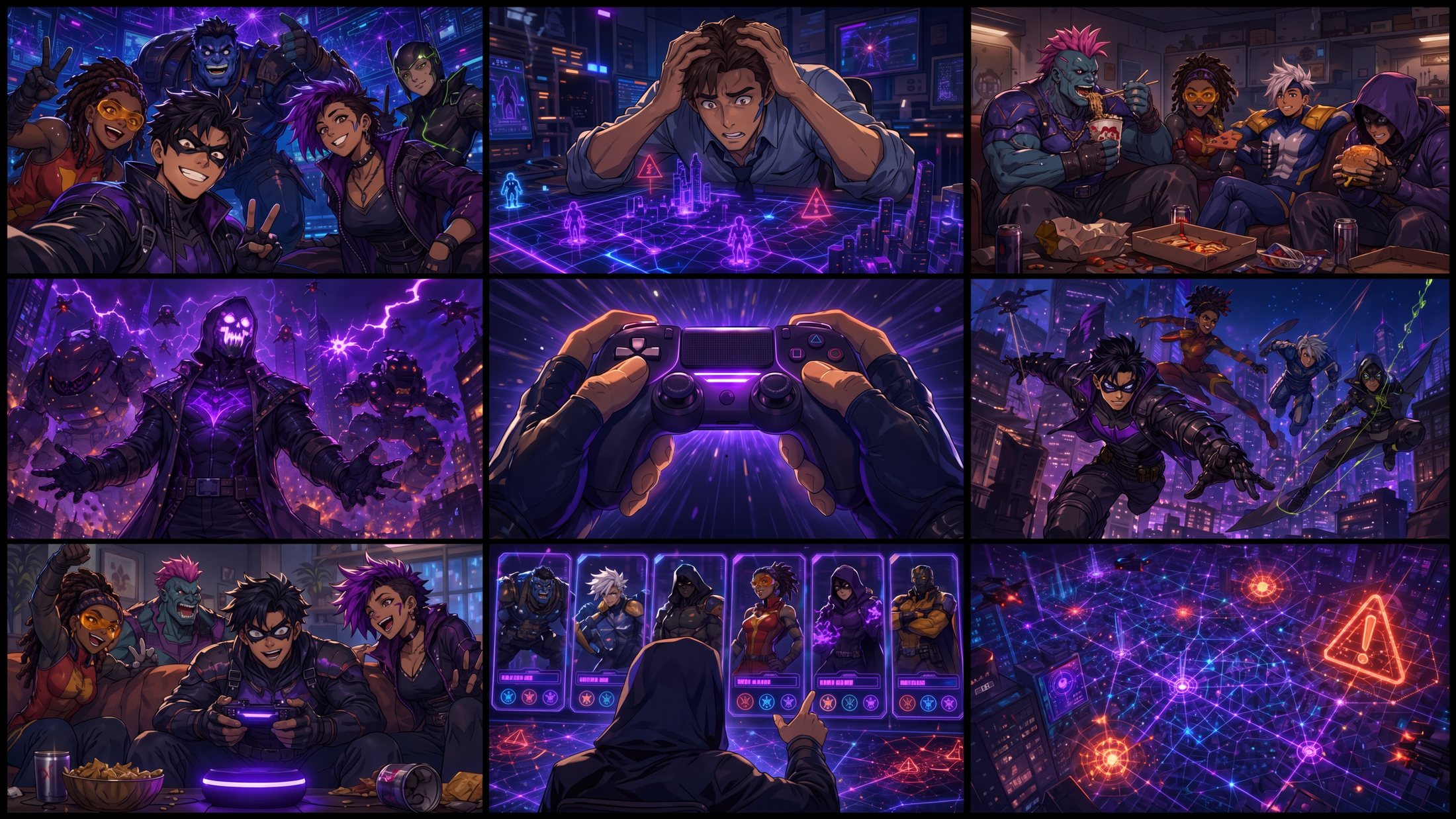 A hand on a glowing controller in purple light