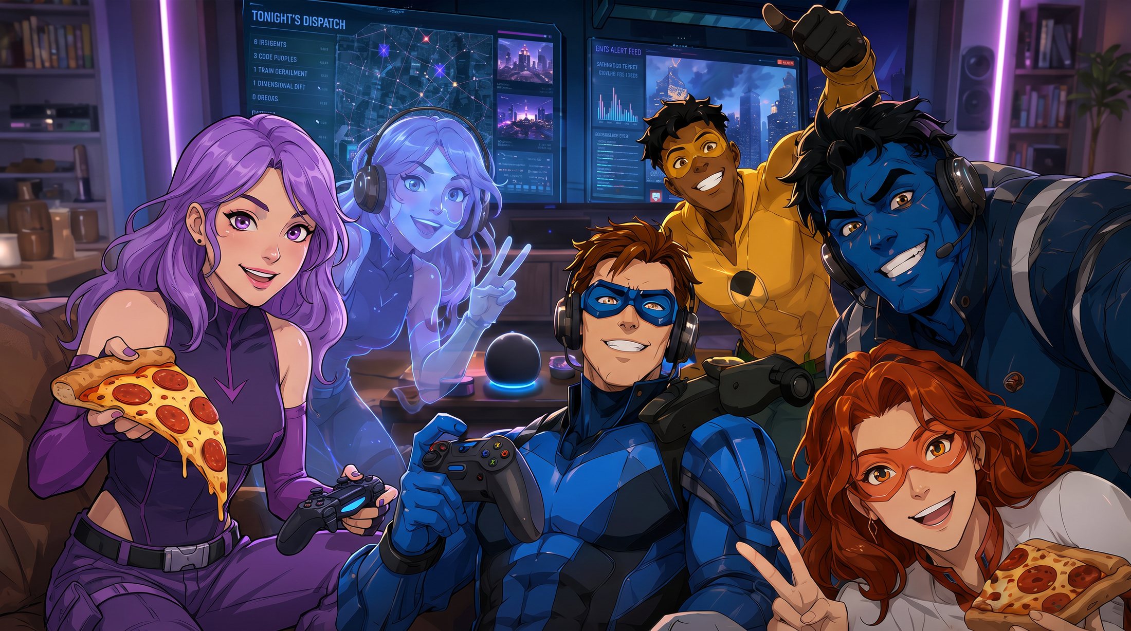 Comic-book heroes crowd together with pizza and a controller
