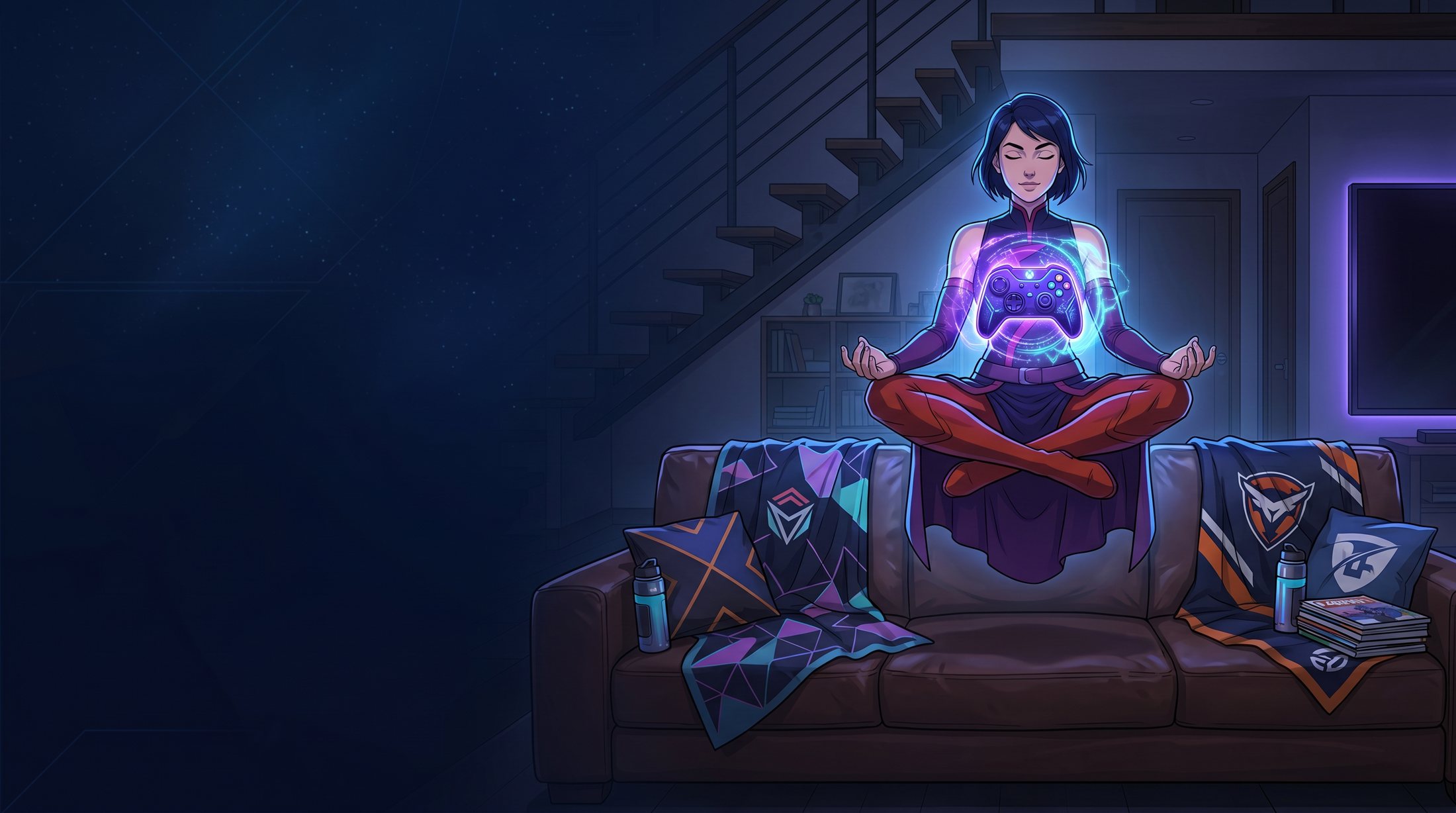 A hero meditates above a glowing controller in a dark living room