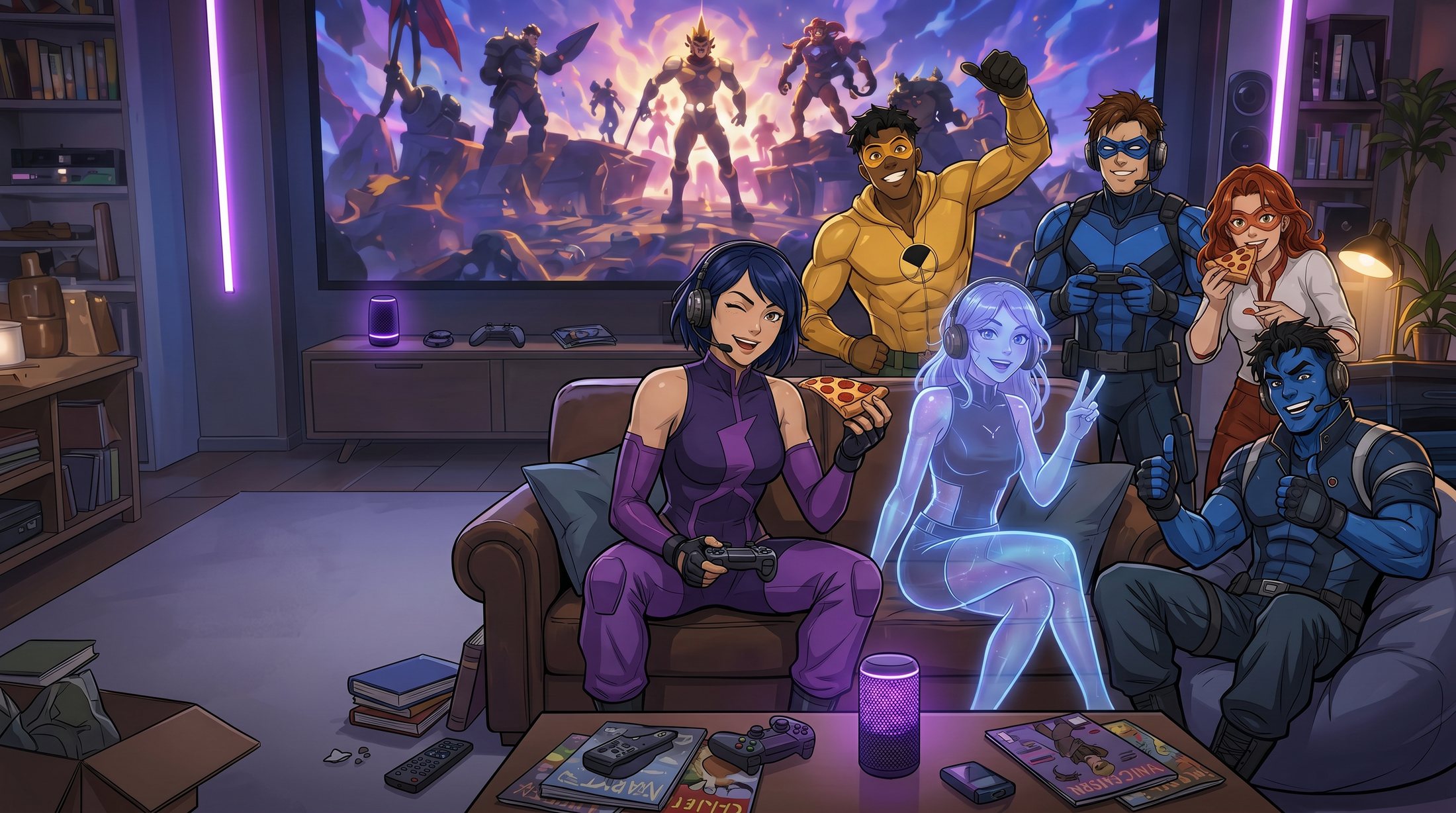 The heroes and friends gathered on a couch around a glowing Luna device