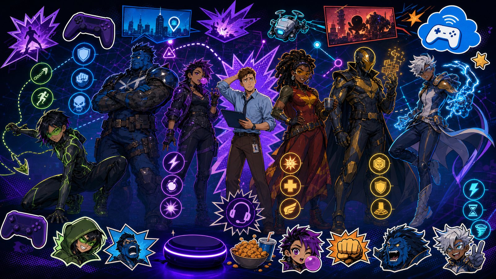 Character system: the cast in a row with icons and stickers