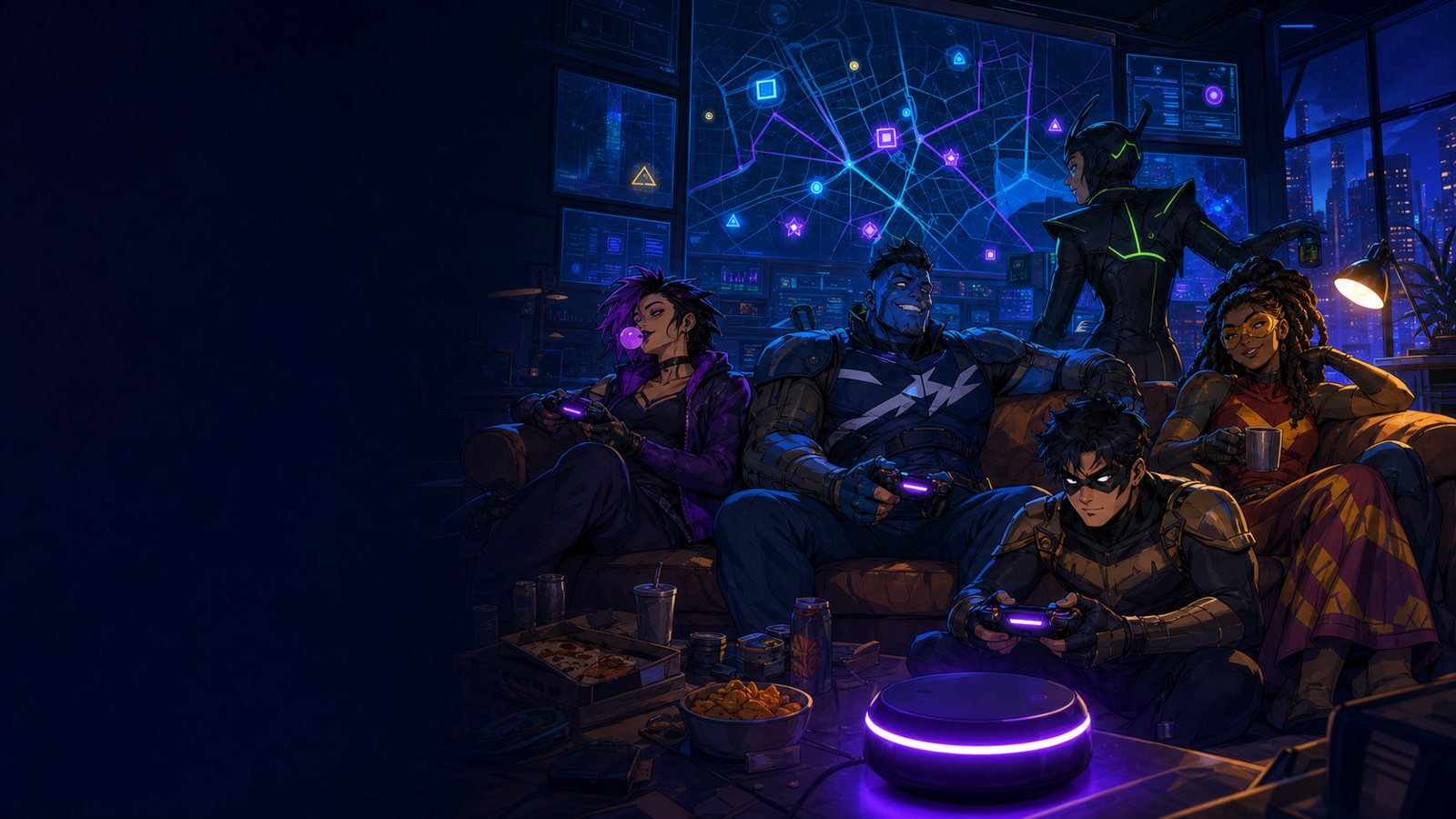 Heroes slumped on a couch with controllers, a glowing Luna device on the table