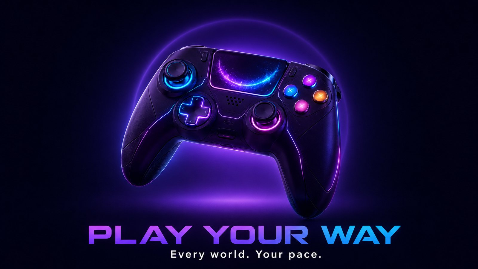 A glowing purple controller over the line Play your way