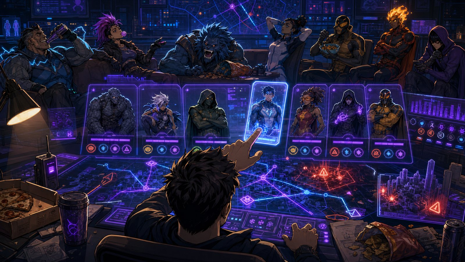 A dispatcher picks a hero card from a glowing mission console