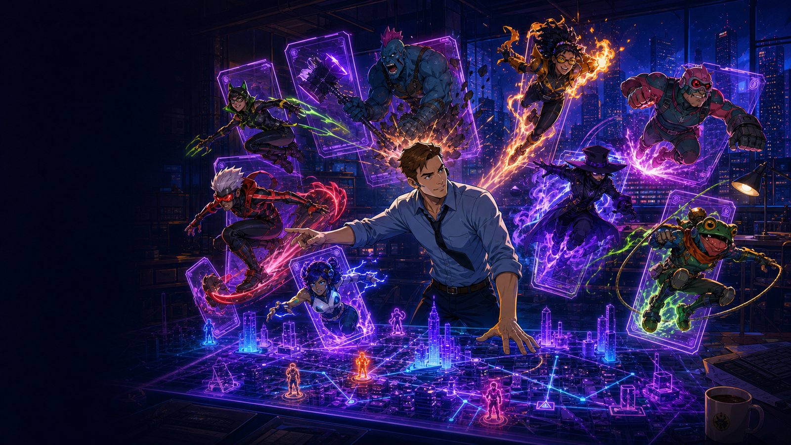 A player reaching into a holographic mission board as heroes burst out