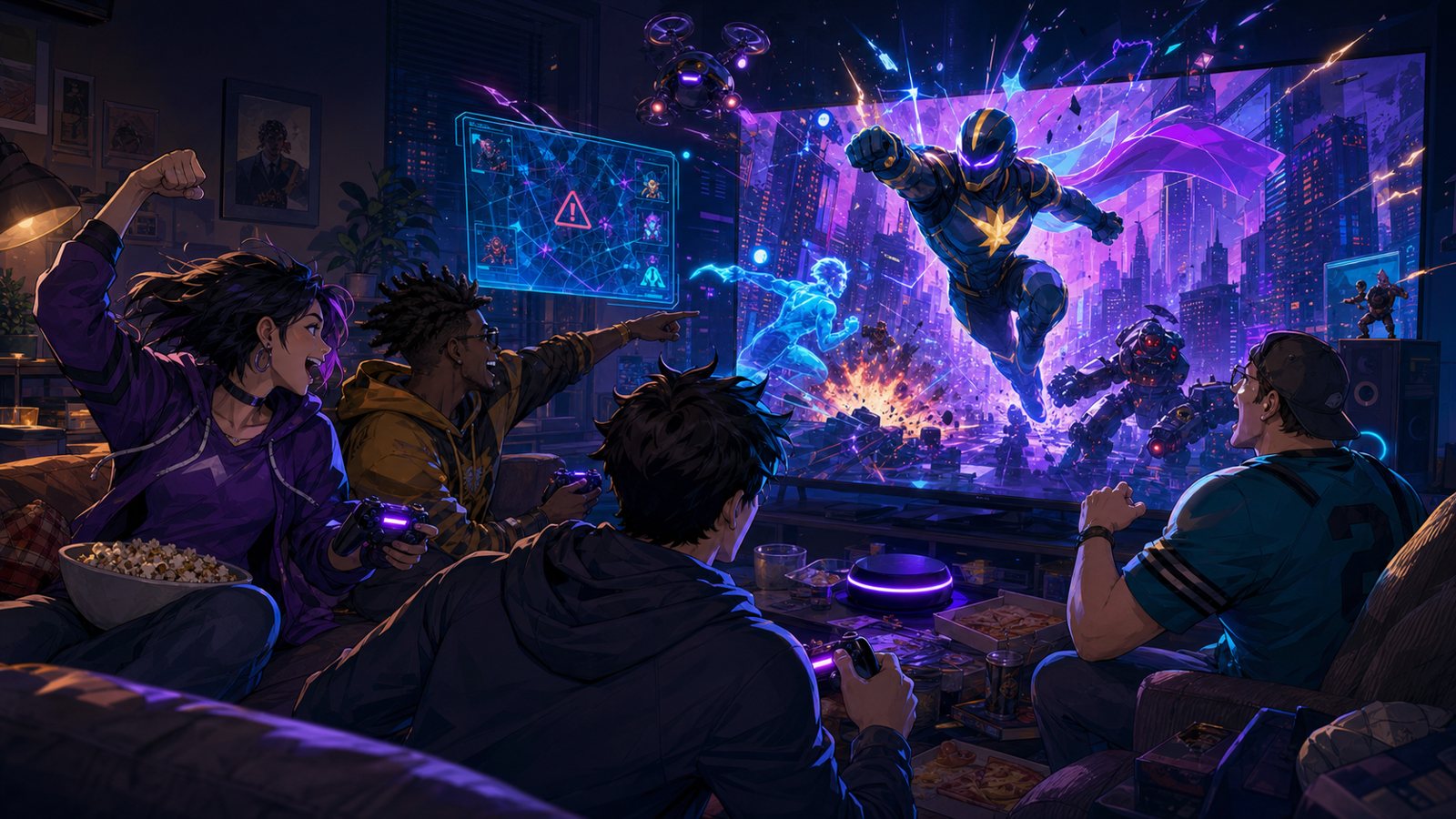 Friends cheering as a hero leaps out of the TV