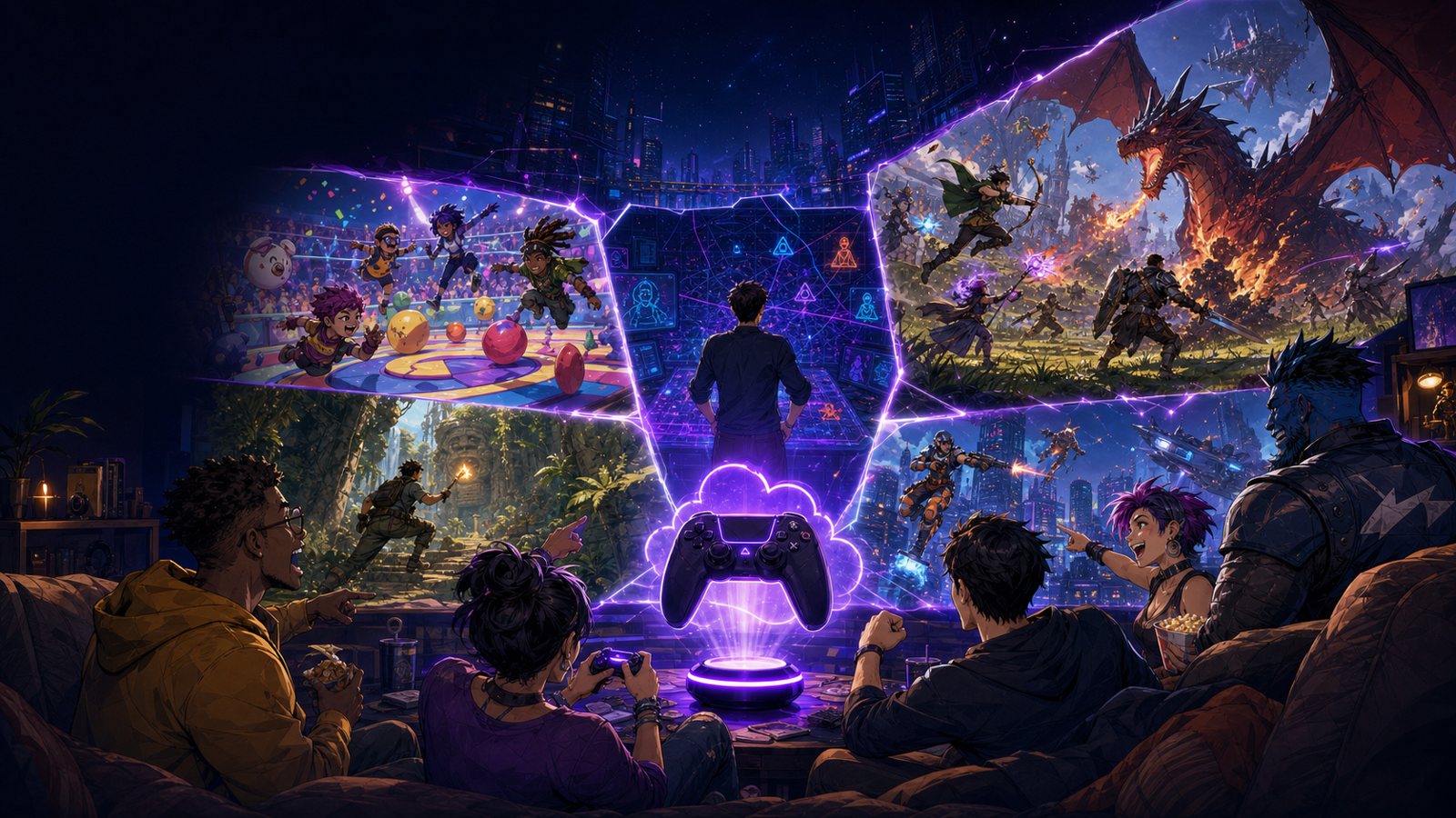 Game worlds opening around players on a couch