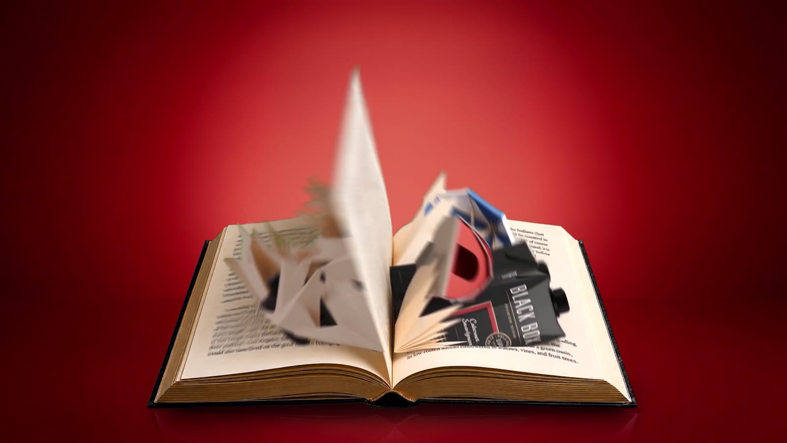 Wine bottle and glasses rising from an open book
