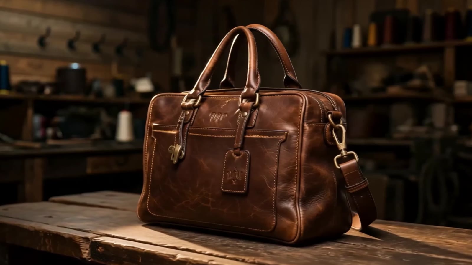Leather travel bag on a workshop bench