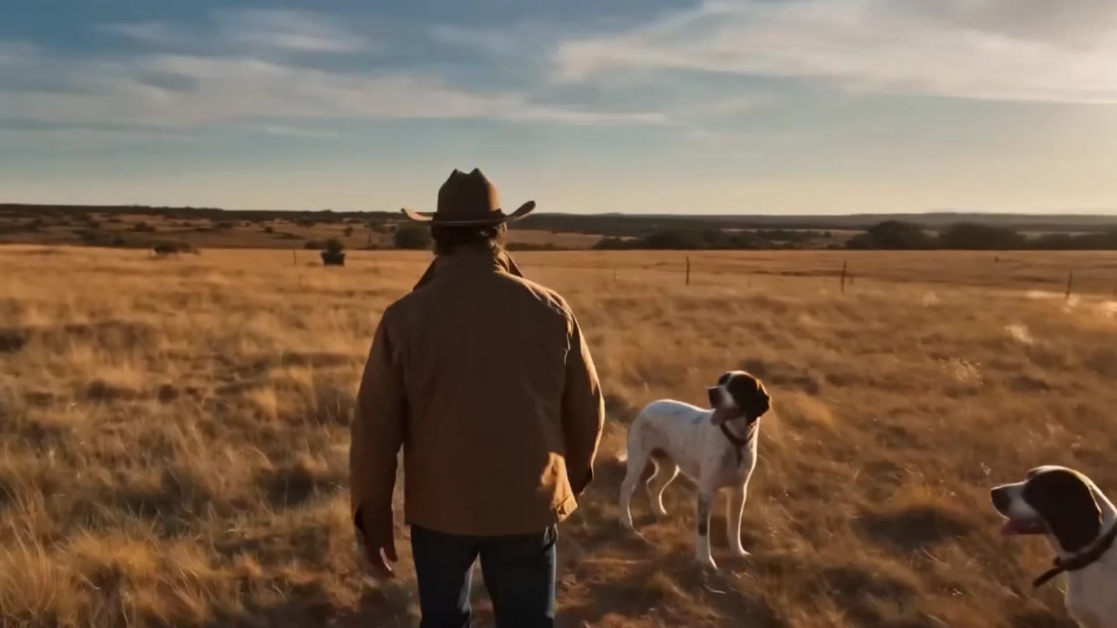 Rancher walking a field with two hunting dogs
