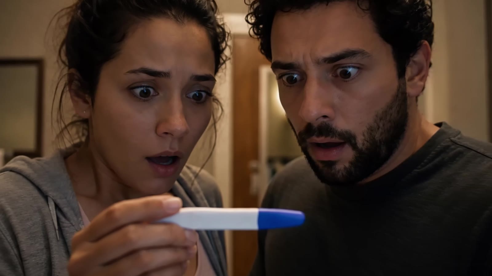 Couple reacting to a pregnancy test