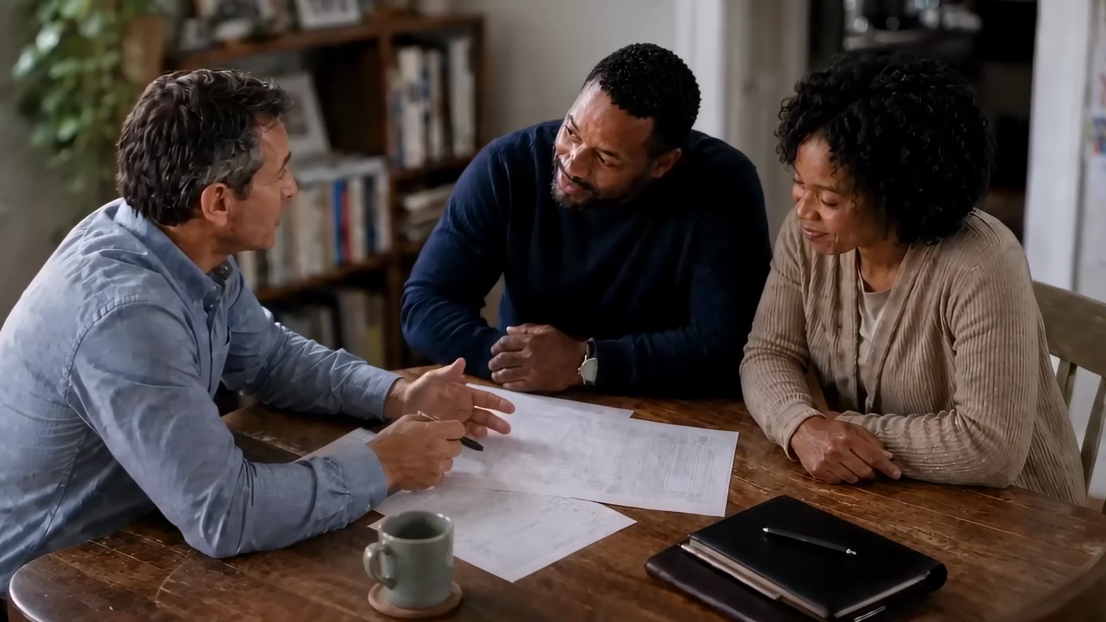 Family meeting with an advisor at a kitchen table
