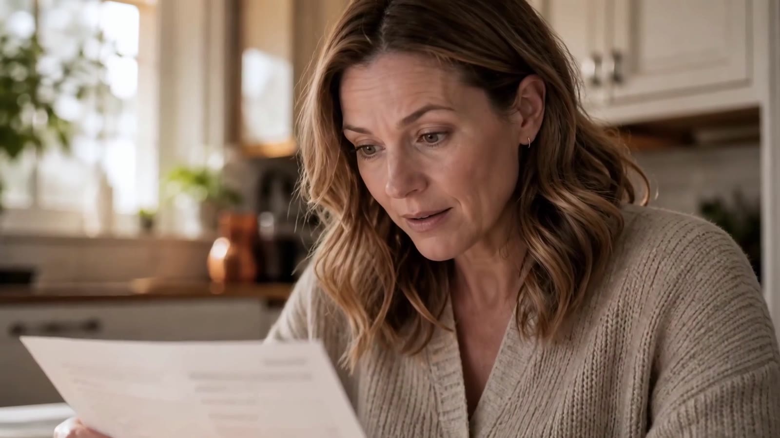 Woman reading a letter in her kitchen