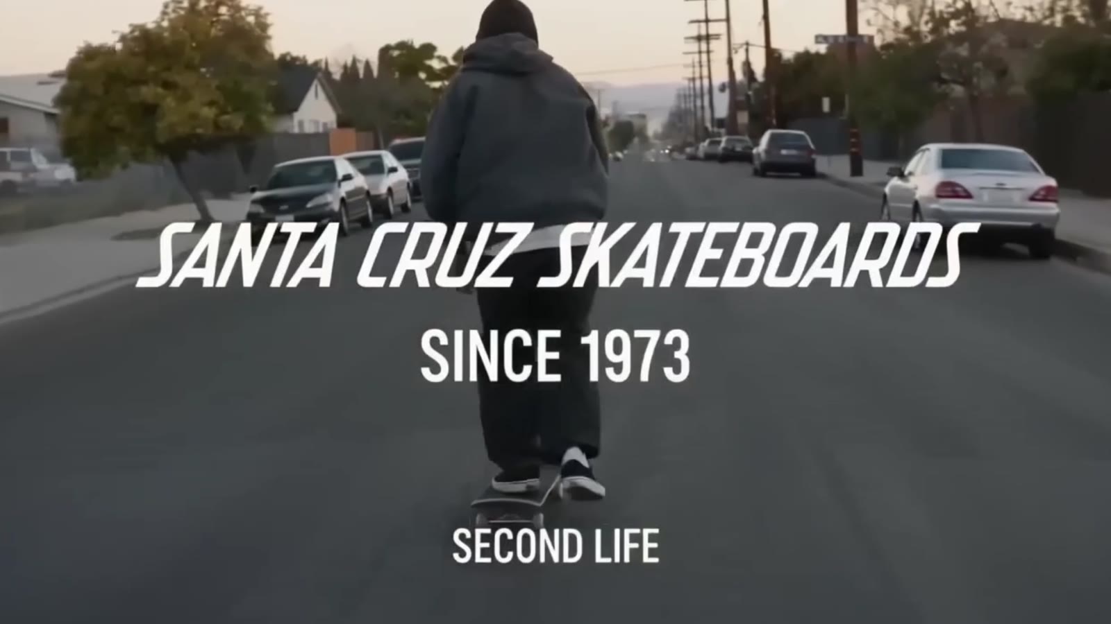 Skater pushing down a street with Santa Cruz title