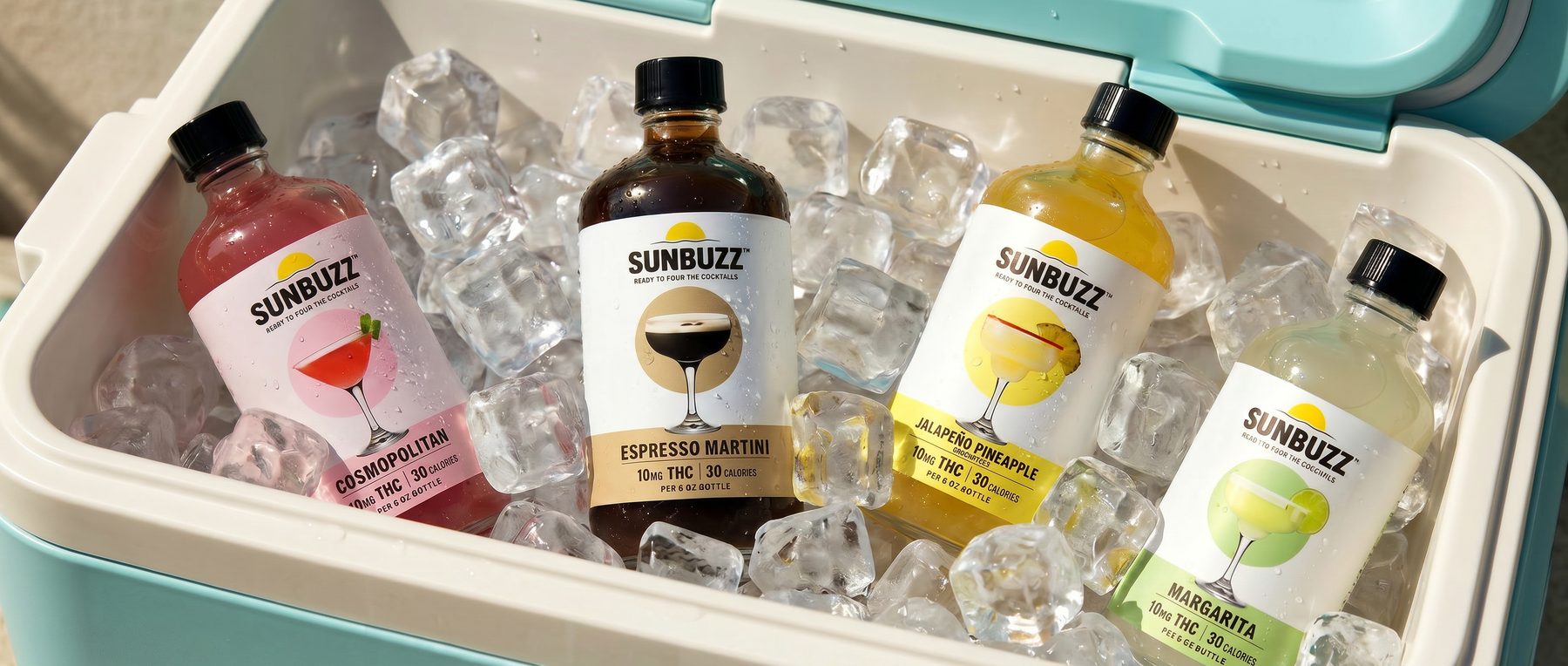 Four SunBuzz flavors in a cooler of ice