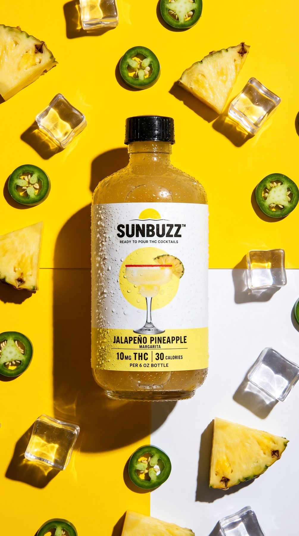 SunBuzz Jalapeño Pineapple bottle with pineapple and jalapeños