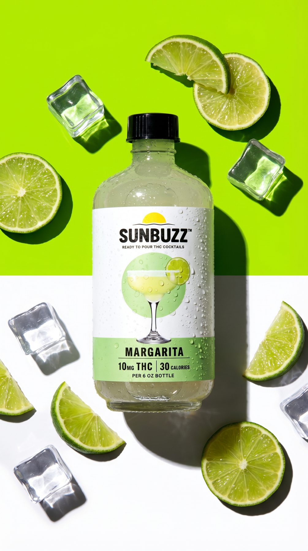 SunBuzz Margarita bottle with limes and ice