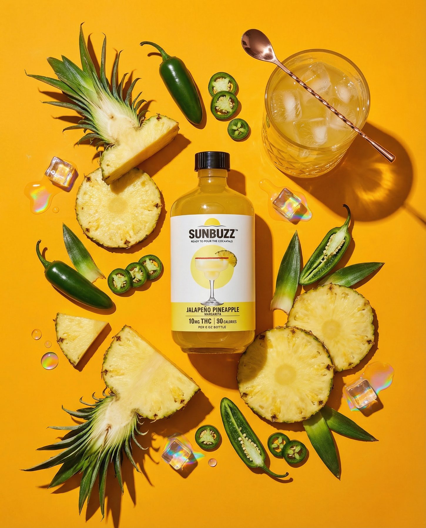 SunBuzz Jalapeño Pineapple with fresh pineapple on yellow