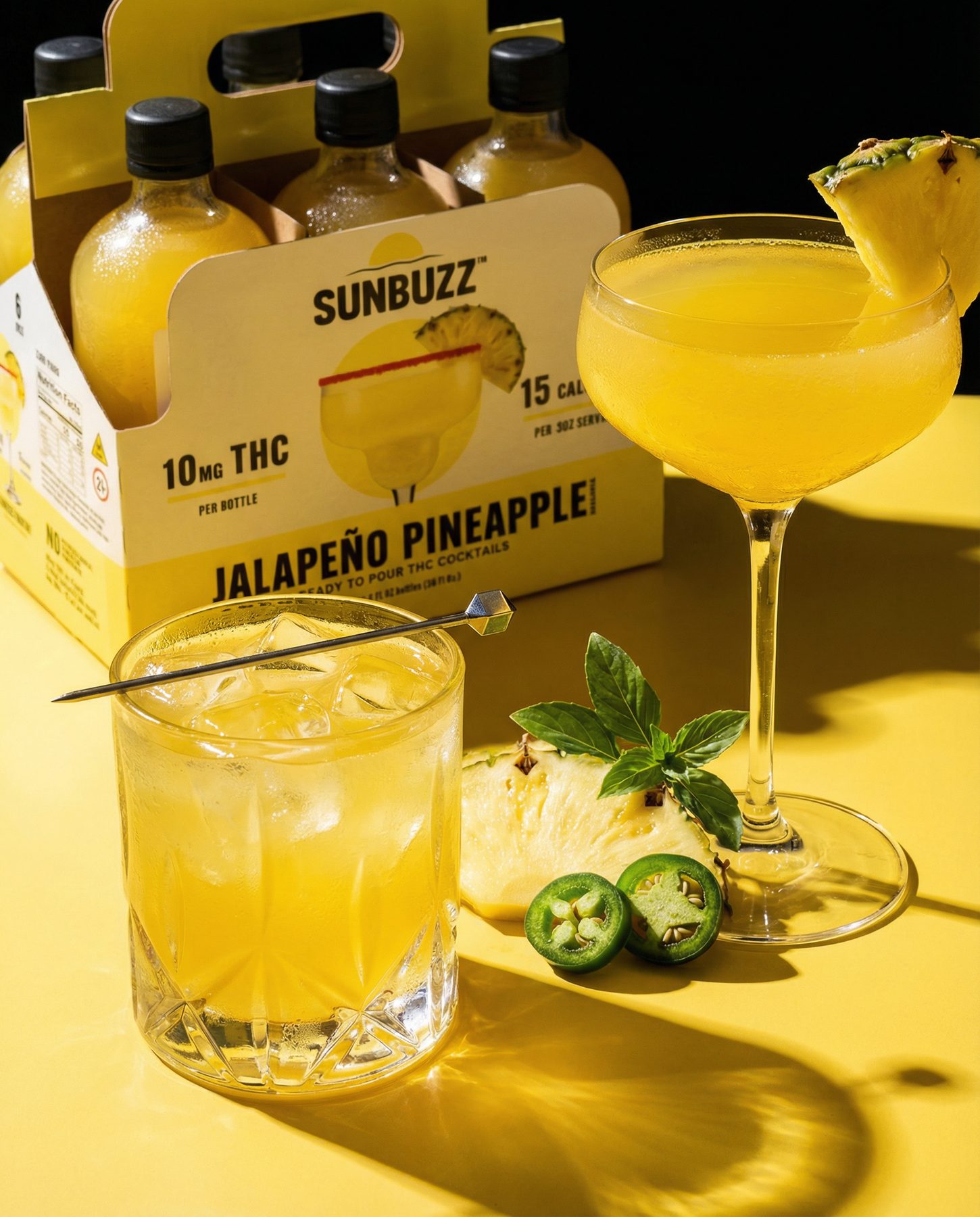 SunBuzz Jalapeño Pineapple six-pack with a cocktail