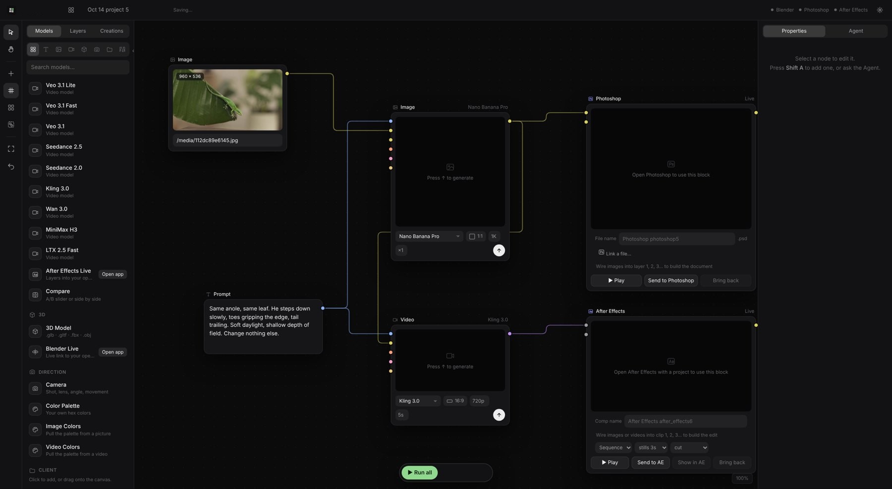Loom canvas: an image and a prompt wired into Nano Banana Pro and Kling 3.0, feeding live Photoshop and After Effects blocks