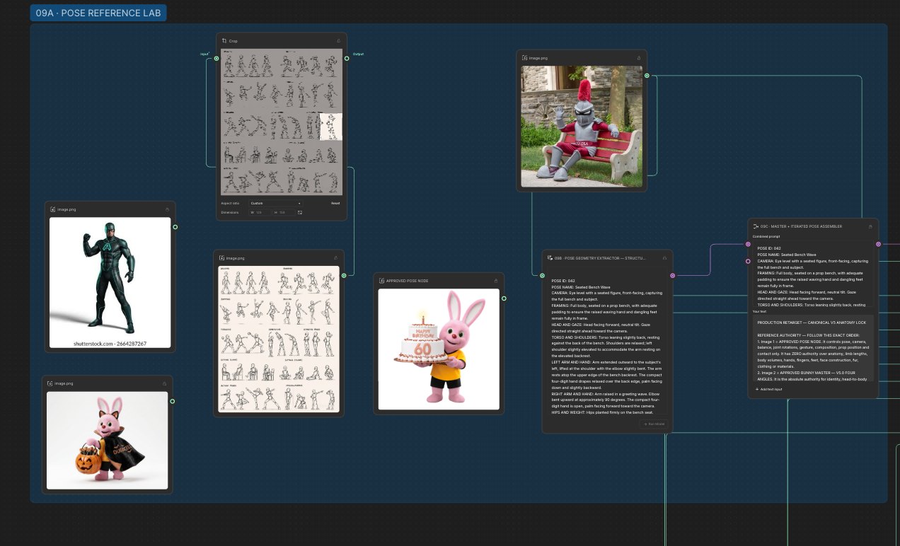 Pose reference lab with pose sheets, a reference photo and a pose geometry extractor